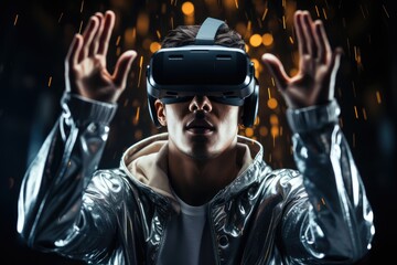 Aufkleber - A young man wearing virtual reality glasses is in the center of a hologram.