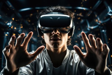 Aufkleber - A young man wearing virtual reality glasses is in the center of a hologram.