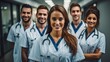 © visoot - Portrait of group of diverse male and female doctors standing in hospital corridor.