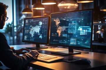 Aufkleber - A developer coding on a sleek laptop, Multiple screens showing web development interfaces in modern and minimalist office setting, An air of innovation and efficiency.