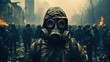 People in gas mask at city in apocalypse.
