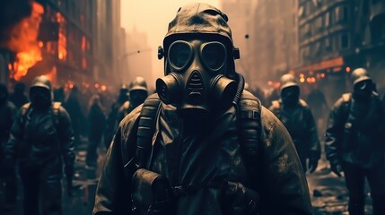 Wall Mural - People in gas mask at city in apocalypse.