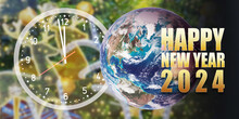 Happy New Year 2024 Image Of Earth And Transparent Clock Show Almost Midnight Time With Shiny Golden Text On Blurry Holiday Background. Earth Image Furnished By NASA.