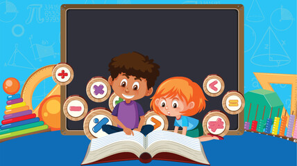 Poster - Math-themed Cartoon Characters Reading Book with Blackboard Banner