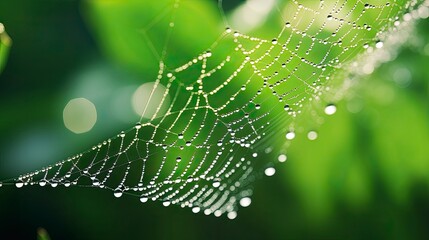Dew drops on a spider web in the morning light .