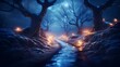 Eisige Pfade der Stille: Dunkler Waldweg im blauen Mondlicht