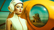 Femme avec un casque devant un engin spatial - Scène rétrofuturiste
