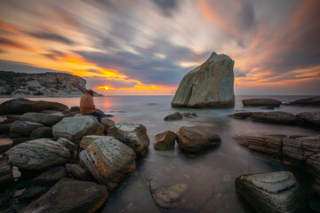 Wall Mural - Long exposure photograph in the field of sail rocks in Foca district of Izmir province.