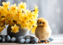 Yellow Spring Flowers, Easter Eggs And A Little Chicken On The Table. Easter Celebration Concept