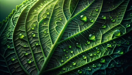 Poster - AI generated illustration of a bright green leaf surface with water droplets