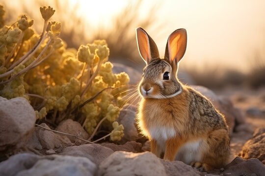 desert cottontail rabbit in natural desert environment. Wildlife photography