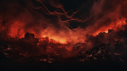 Fototapeta black fiery red dramatic sky with clouds. fire, war, explosion, catastrophe, flame. horror concept. web banner. wide bloody red background with space for design. panoramic. made with generative ai