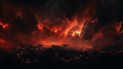 Fototapeta black fiery red dramatic sky with clouds. fire, war, explosion, catastrophe, flame. horror concept. web banner. wide bloody red background with space for design. panoramic. made with generative ai