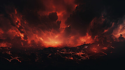 Black fiery red dramatic sky with clouds. Fire, war, explosion, catastrophe, flame. Horror concept. Web banner. Wide bloody red background with space for design. Panoramic. made with generative ai