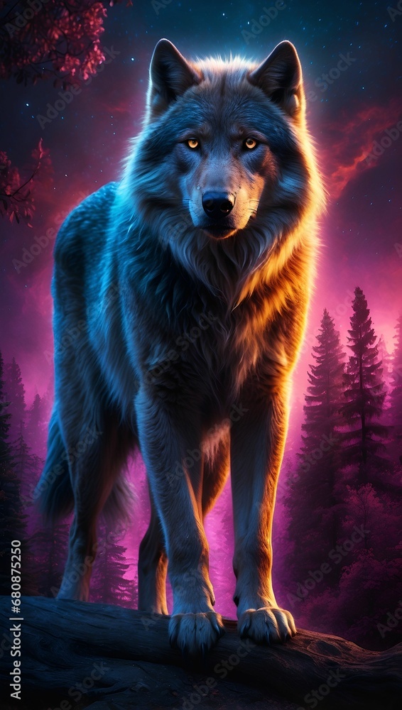 AI generated illustration of a wolf with glowing eyes in a forest at ...
