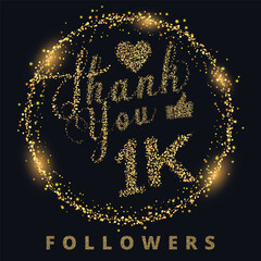 Wall Mural - Thank you 1k followers celebration template for social media with gold glitter lettering vector