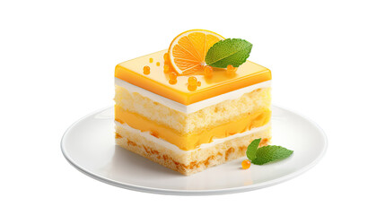 Orange cake on white isolated on clear png background and transparent background. Bakery and pastry concept for cafe and restaurent, AI generative. 