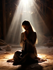 Wall Mural - Woman pray sitting on knees, at light background