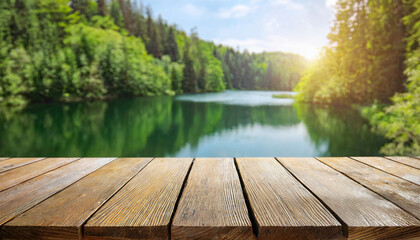  Empty wooden table top with blur background of summer lakes. For product showing