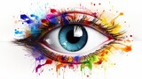 Fototapeta  - On a white background, a multicolored macro of a human eyeball demonstrates originality and artistic fashion expression through a visionary design approach..