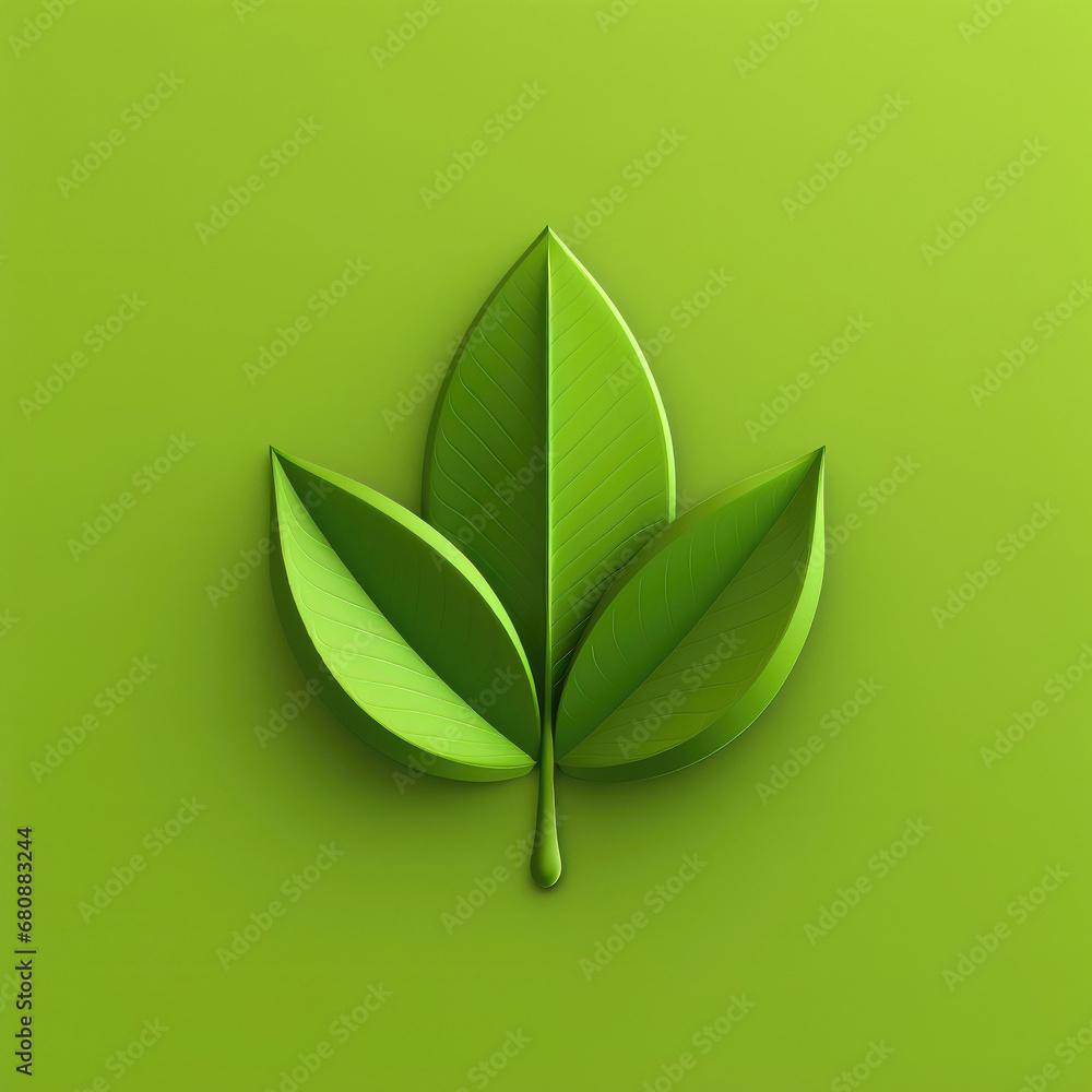 3D green leaves with detailed texture on a vibrant green background