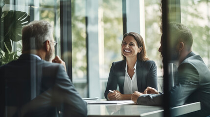 Business professionals in a collaborative discussion in a modern office setting