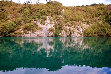 The beautiful lakes with green water surface at Plitvice lakes, Croatia