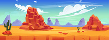 Africa Nature Desert Landscape With Dry Ground, Vector Illustration Of A Hot, Endless Desert With Sandy Dunes And Cacti,  Arizona, Panoramic With Mountains And Blue Sky. Suitable For Game Background