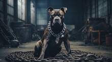 American Pit Bully Dog With Fierce And Muscular Muscles In A Room With Chains. The Background Of The Photograph Is A Oppressive And Confined Environment. There Is Some Smoke In The Background.