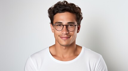 Attractive young Mexican man wearing a white t-shirt and glasses. Isolated on white background.