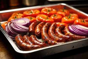 Poster - a stainless steel tray filled with bbq sausages