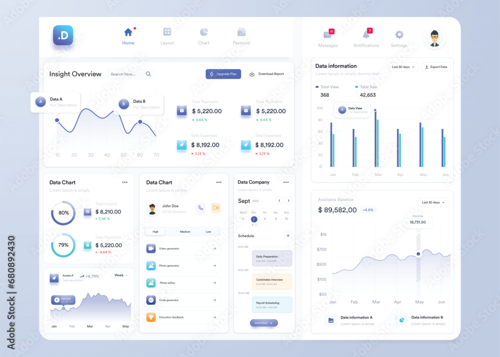 UI UX Infographic dashboard. UI design with graphs, charts and diagrams ...