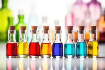 Canvas Print - close-up of colorful serum bottles on laboratory table