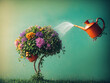 a brain-shaped tree composed of vibrant flowers being watered by a floating watering can, symbolizing growth and nurturing of the mind.