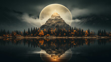 Enchanted Autumn Mountain Peak With Glowing Moonrise Over Reflective Lake. Generative AI