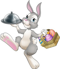 Sticker - An Easter bunny rabbit cartoon character, possibly the chef, serving or delivering food from a restaurant in a silver cloche tray plate or platter.