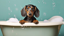 Dachshund   Dog Peeking Out Of A Bath, Dog Is Taking A  Bath, Soap Bubbles 