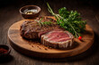 Delicious fried lamb steak on a wooden plate