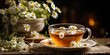 Herbal tea with fresh chamomile flowers on old wooden background, Generative AI