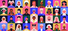 People Face Avatars Set. Abstract Characters, Colorful Bright Head Portraits In Trendy Style. Diverse Men, Women. User Profiles, Mosaic Geometric Community Pattern. Colored Flat Vector Illustration