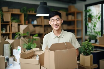 Portrait of young asian man smiling while unpacking cardboard boxes in office