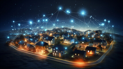 Wall Mural - night city and glowing lights, network concept