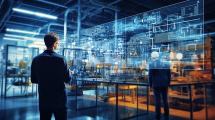 Poster - Futuristic technology concept: Team of engineers and professional workers in a heavy industrial production plant with graphical representation of high-tech industry 4.0.