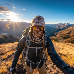 Sticker - Solo brave traveler walk to mountain summit wearing professional travel equipment. Yong hiker traveling across mountain track among high altitude sunny rok. Wide image