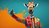 Fototapeta  - Funny giraffe in a bright suit on a blue and orange isolated background in pop art style. Creative animals in Africa.