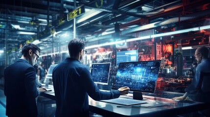Aufkleber - Engineers automatically control robotic arms in a smart factory in system software. digital production