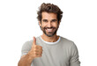 © Renata Hamuda - close up of smiling young man with thumb up looking at the camera on transparent background