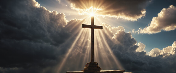 Wooden cross with dramatic sky sunset and sunbeams