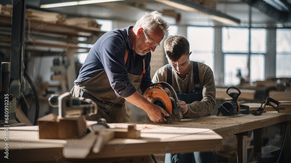Senior male carpenter assists younger colleague with measuring and cutting wood in carpentry workshop. Experienced carpenter shares knowledge and expertise with apprentice.