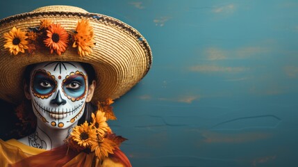 Scary. Young girl like Santa Muerte Saint death or Sugar skull with bright make-up. Portrait isolated on dark green studio background with copyspace. Celebrating Halloween or Day of the dead.